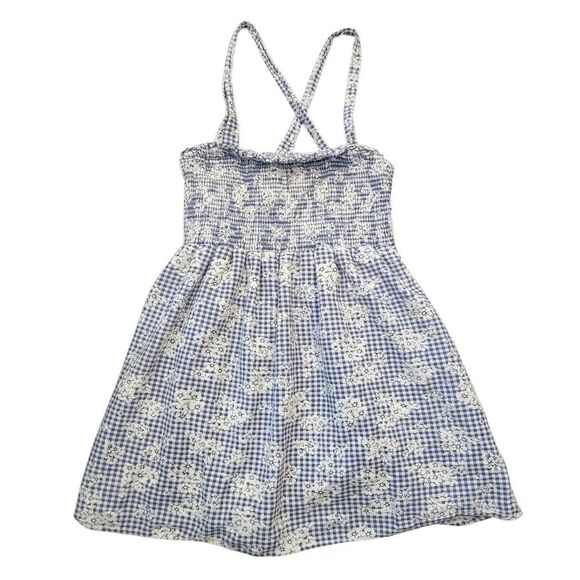 American Eagle Dress Women's Small Petite Blue White Gingam Floral Mini Smocked - Picture 2 of 5